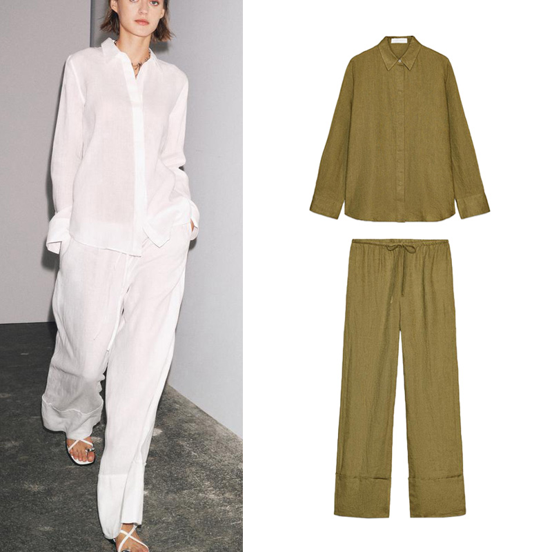Linen Pant Wide - Ensemble deux pièces décontracté : chemise