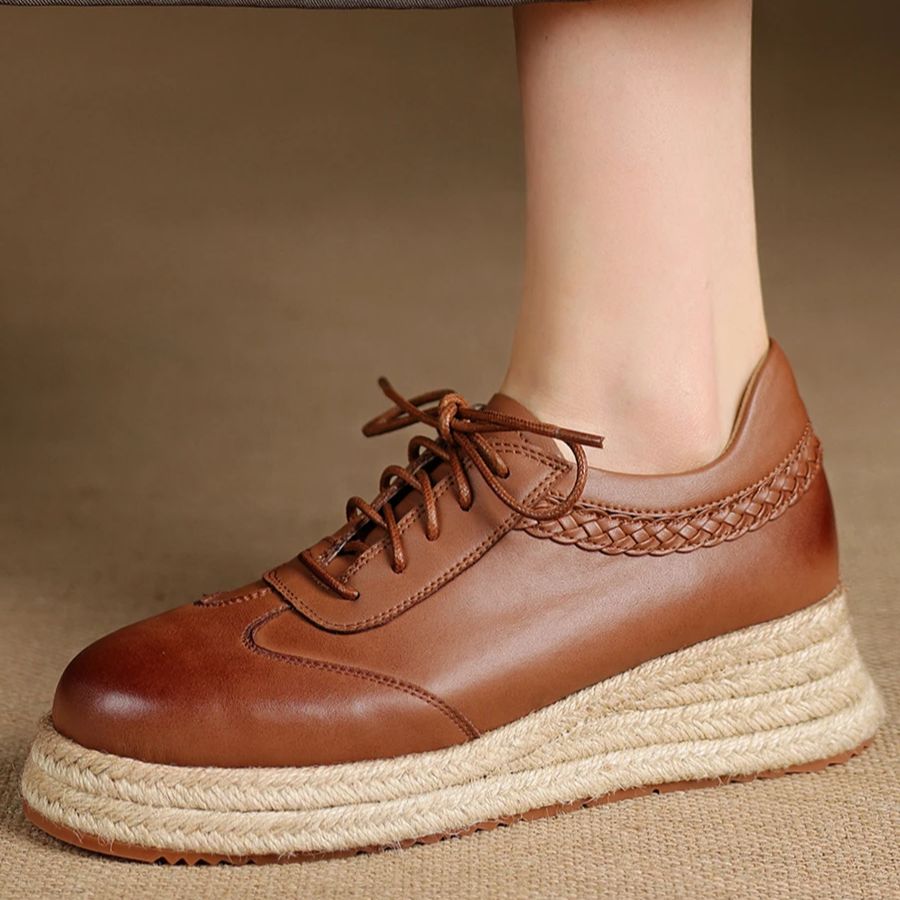 Wedge Espadrille Women - EAGSITY cuir de vache marron oxford