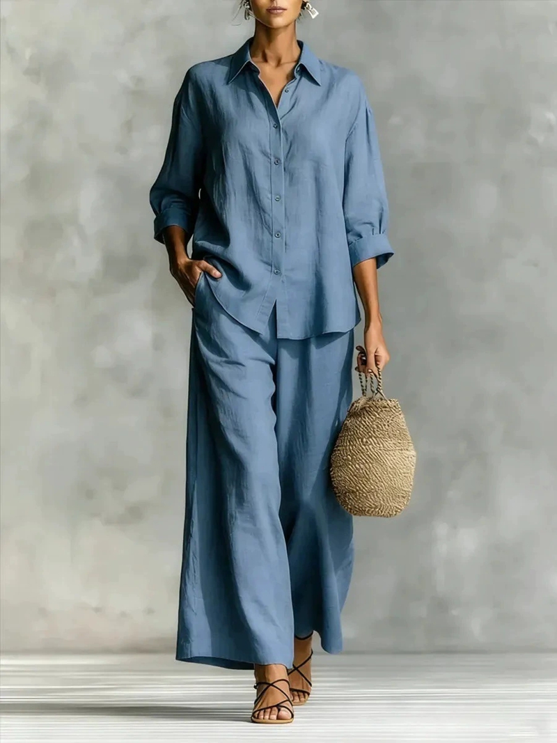Linen Pant Wide - Ensemble décontracté pour femmes, chemise à
